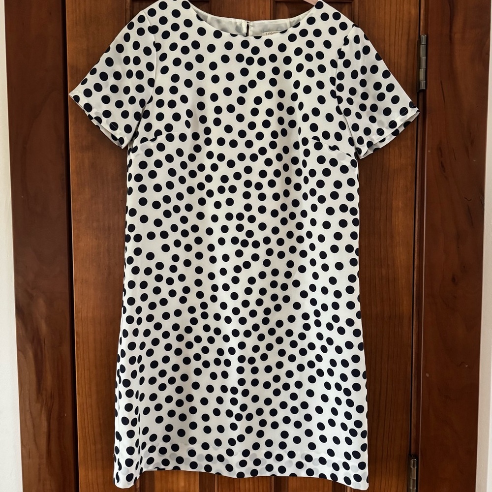 J Crew Dress Women’s 00 Cream Navy Polka Dot Shift Knee Length Short Sleeve